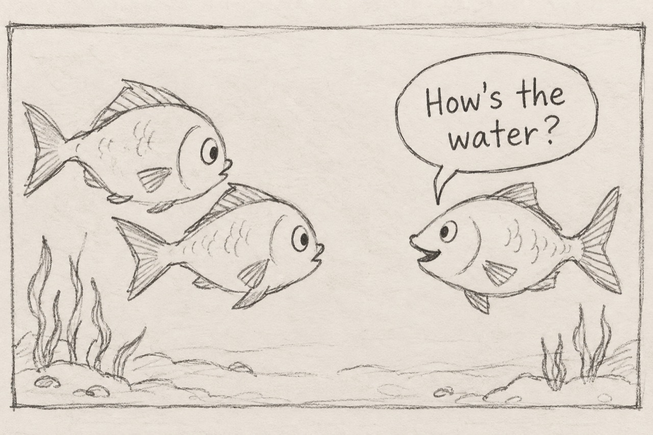Sketch of three fish; one asks the other two, "How's the water?"