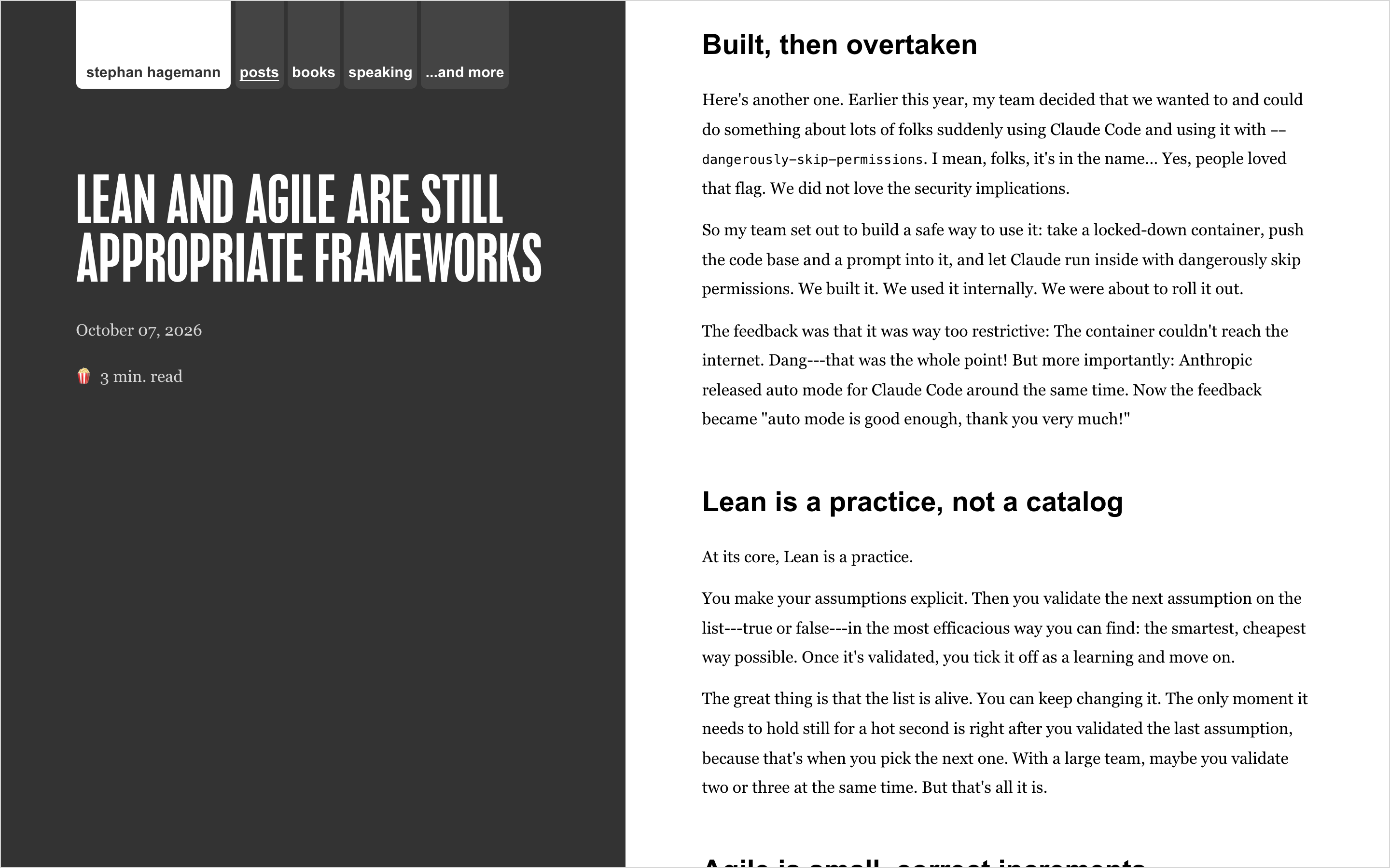 A post on this site in its earlier two-column layout: a dark sidebar with the title on the left, the text on the right