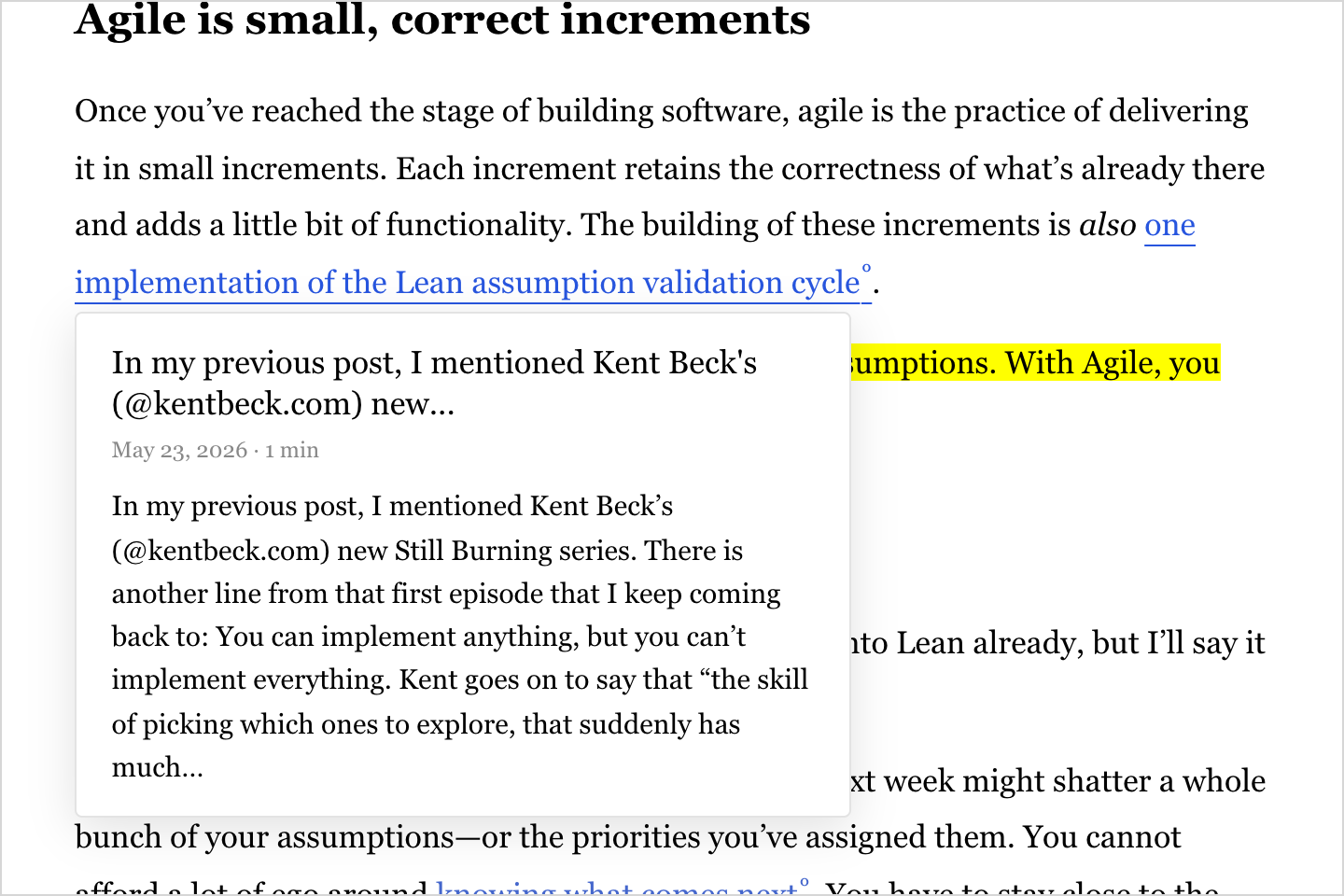 Hovering a link to another post shows a card with that post's opening, date and reading time