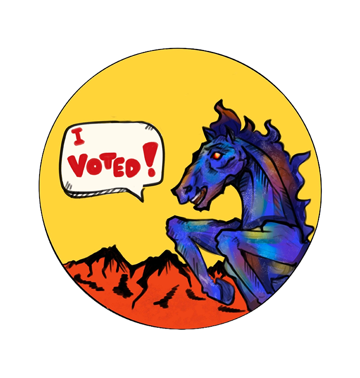 An "I voted!" sticker: a snarling blue mustang with glowing red eyes rears up over orange mountains against a yellow sun, a speech bubble next to it reading "I voted!"